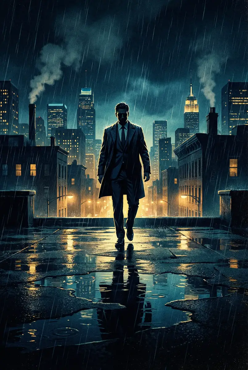电影人皮日记 出品影片《雨夜独行者》海报，雨中城市屋顶男性剪影